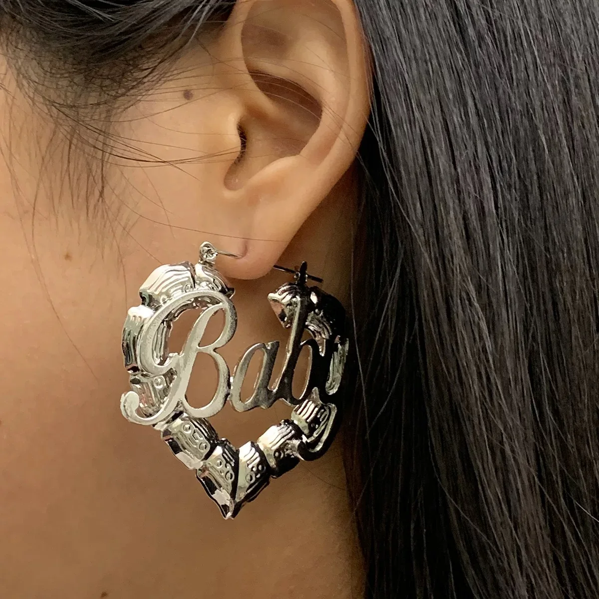 Chunky gold hoop letter baby earrings bamboos heart shape earrings