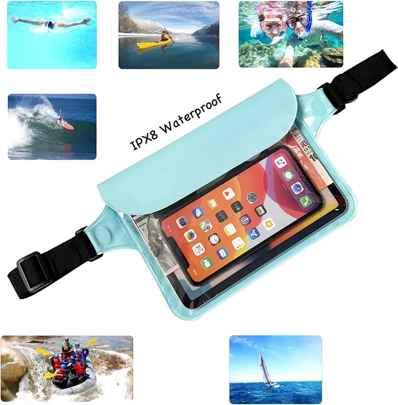 Waterproof Pouch Bag Transparent Screen Touchable Cell Phone Bags With Adjustable Waist Strap For Travel Beach Swimming Boating