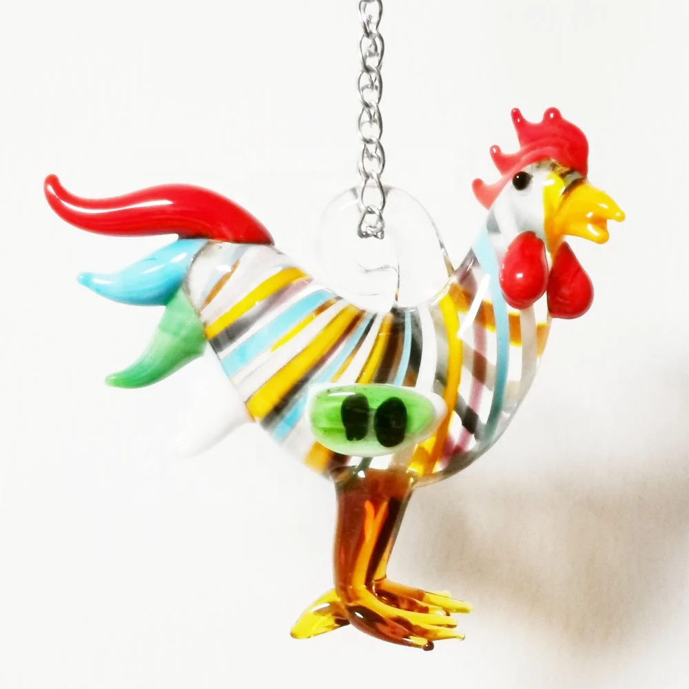 Wholesale French Gallic Rooster Handmade Murano Glass Cock Metal Chain Hanging Rooster Figurine for Home Garden Tree Ornaments