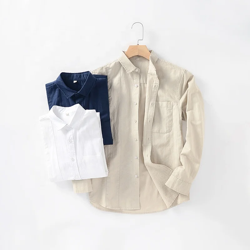 Wholesale custom embroidery high quality khaki for men 100% linen shirt casual oversized long sleeve