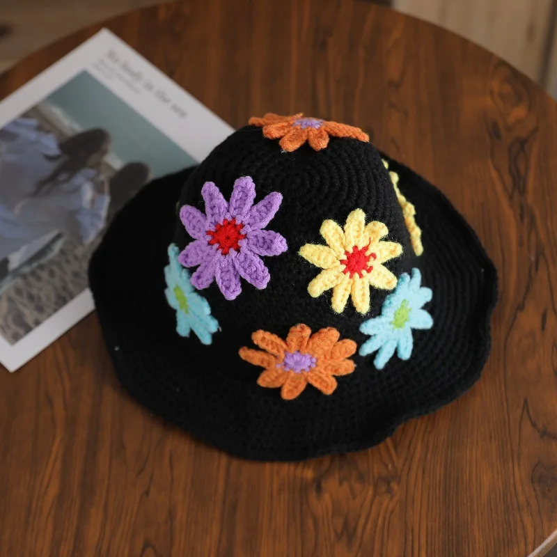 Round brim beautiful cherry handmade crochet bucket hat with Large Character Pattern sun protective hat