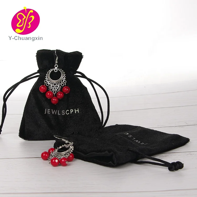 Small Black Suede Velvet Jewelry Bag With Silver Logo Pouch Velvet