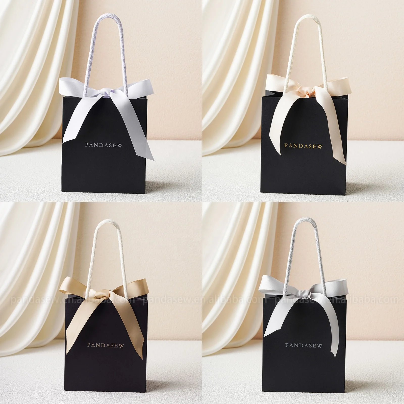 PandaSew Custom Logo Printed Black Gift Paper Bags with Ribbon Rope Kraft Handle Shopping Paper Bag