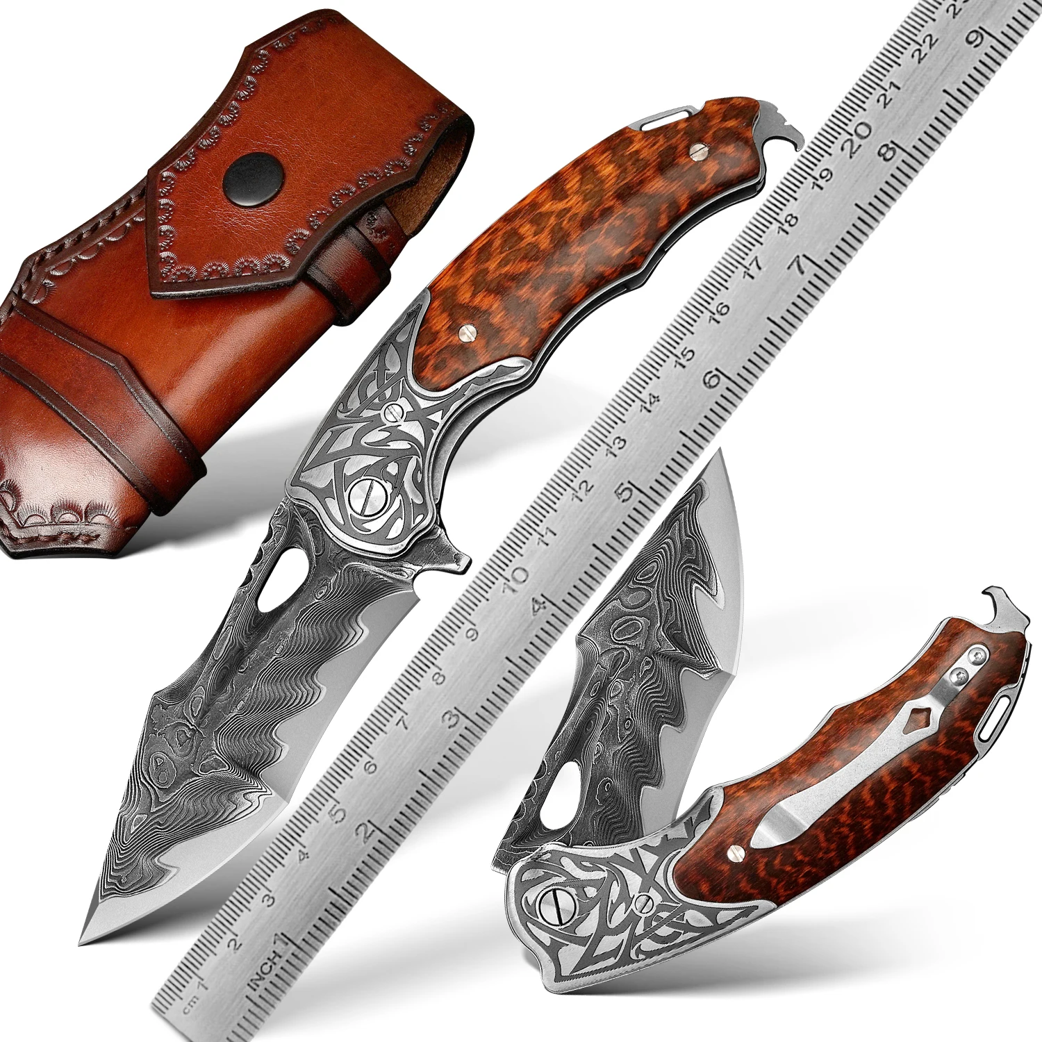 Japanese VG10 Damascus Steel 67 Layers Forged Ladder Pattern Serpentine Wood Foldable Survival Pocket Knife with Leather Sheath