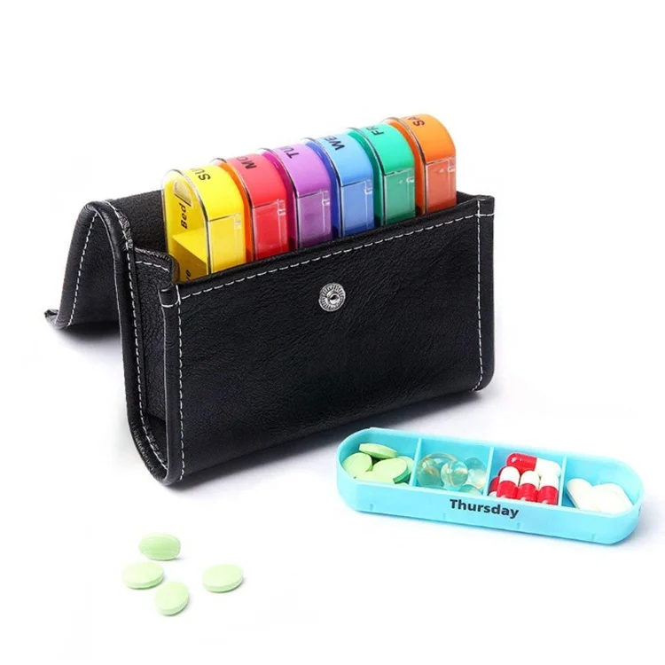 Leather Pill Organizer Box Weekly Pill Box Holder Travel 7 Days Pill Box Large Meds Case 28 Compartments 4 Times a Day