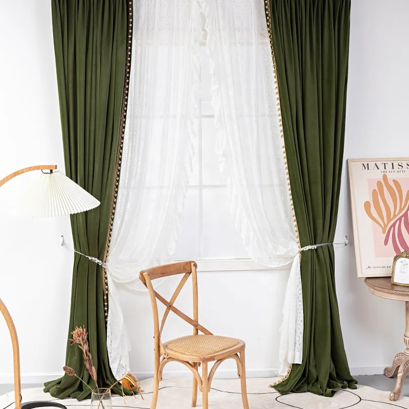 Wholesale Textile Ins New French Style Velvet Curtains Dark Green Plain Curtains with Tassels Beads Bedroom Living Room Decor
