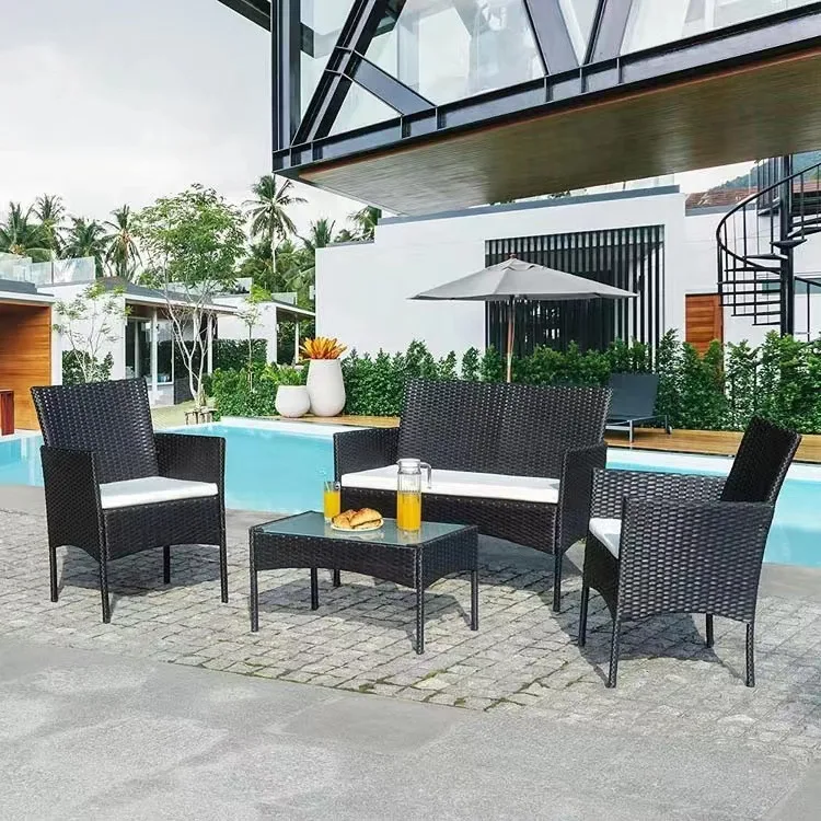 Outdoor Furniture Garden Courtyard Patio Four-piece Leisure Plastic Rattan Wicker Sofas Chair Set with table