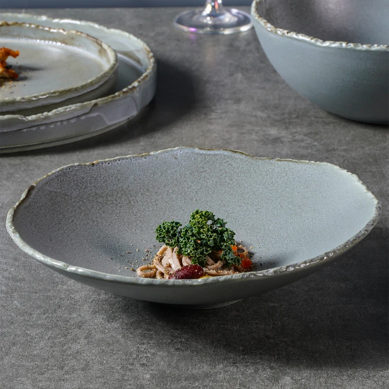 YAYU New Star Class Restaurant Porcelain Tableware Curry Rice Deep Tazon Dishes Irregular Edge Grey Matte Ceramic Dinner Plates