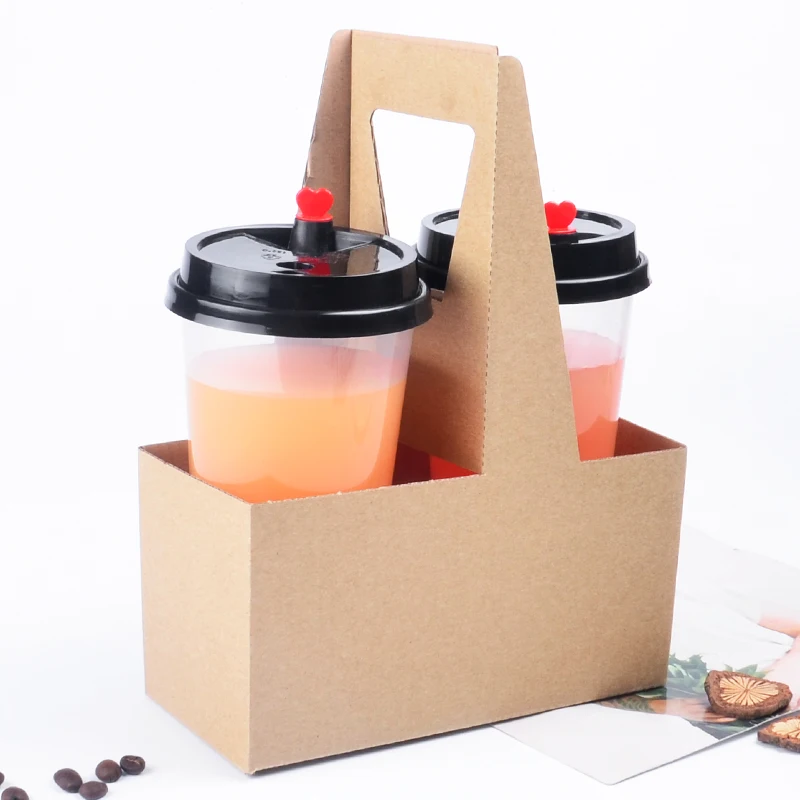 Customized wholesale 2 lattice portable disposable beverage cup packaging corrugated paper cup holder with handle box