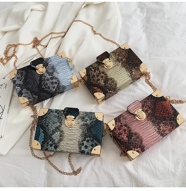 Fashion brand bags women snake pattern handbags box shape clutch ladies chain shoulder crossbody bag