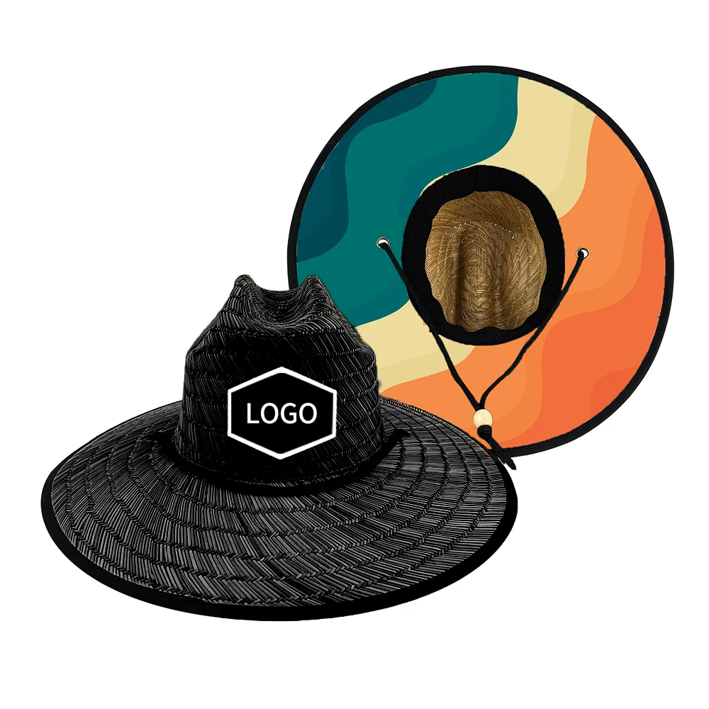 CUSTOM LOGO surfing men unisex uv sun womens summer natural black sombreros de paja lifeguard life guard straw hat for men women