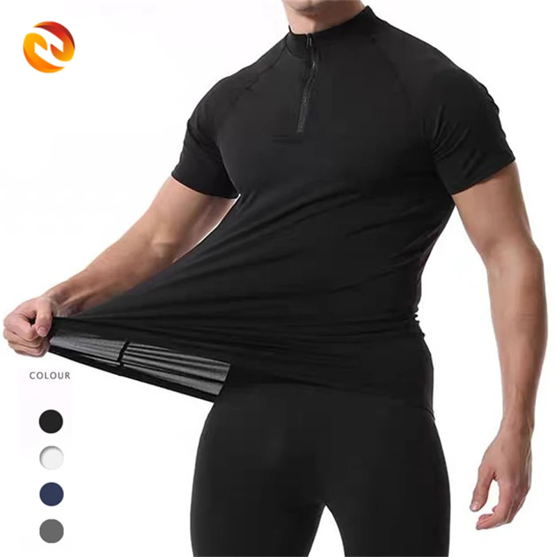 Wholesale Men Quick Dry Training T-Shirt with Stand Collar Zipper Short Sleeves Breathable Gym Stretch Tight Fit Running Shirts