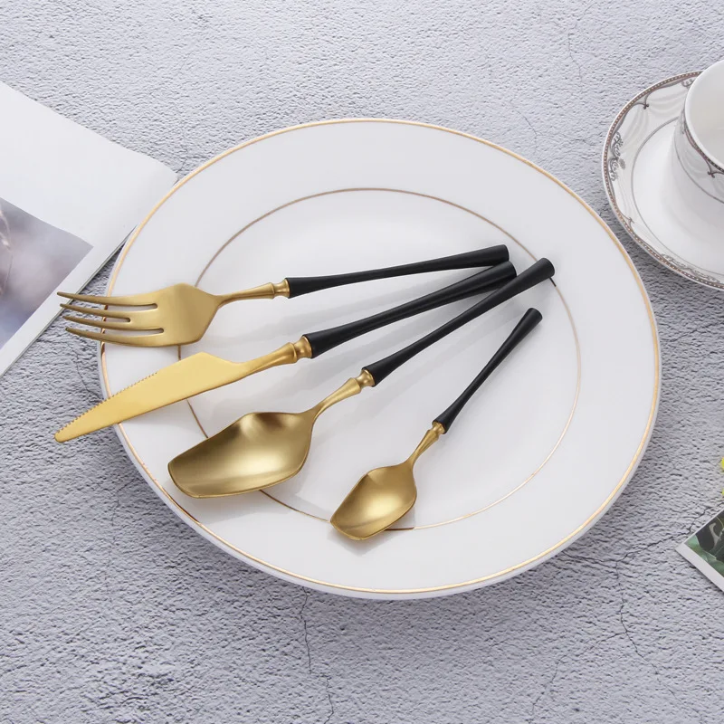 Promotion restaurant black handle gold flatware dinner set for wedding gift gold and black cutlery stainless steel cutlery