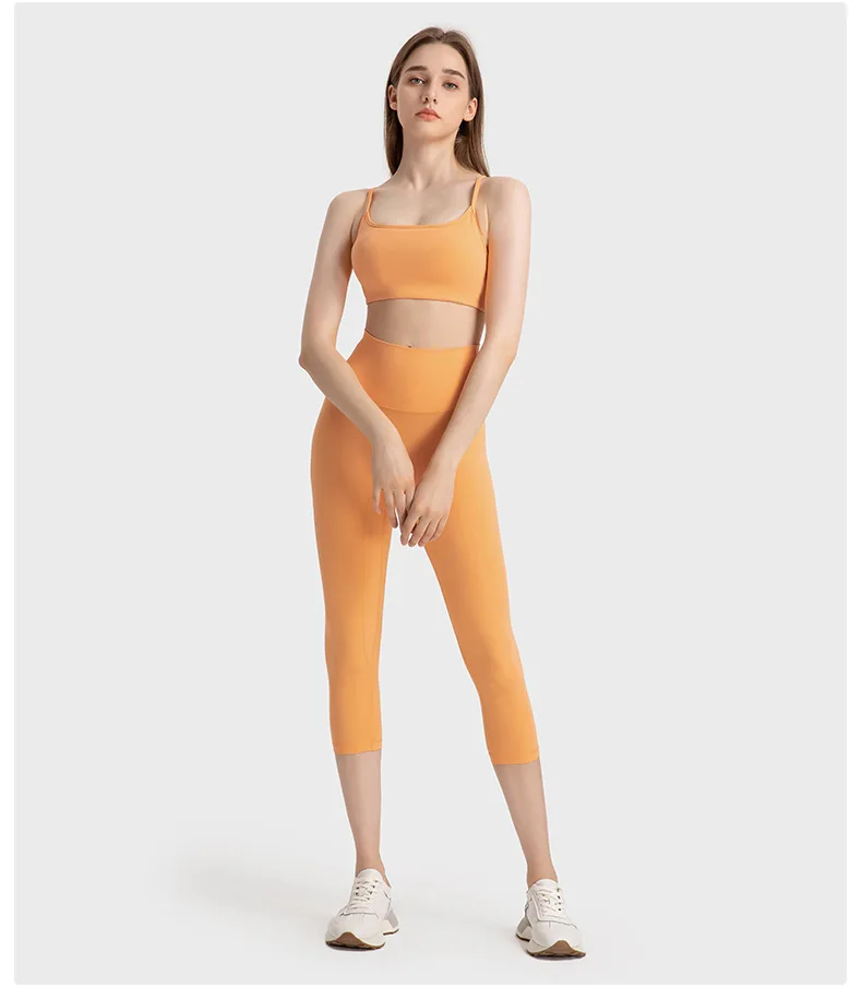 strap cross back nylon elastic fitness bras top legging without T line 3/4 fitness pants 2 pieces gym set women workout clothes