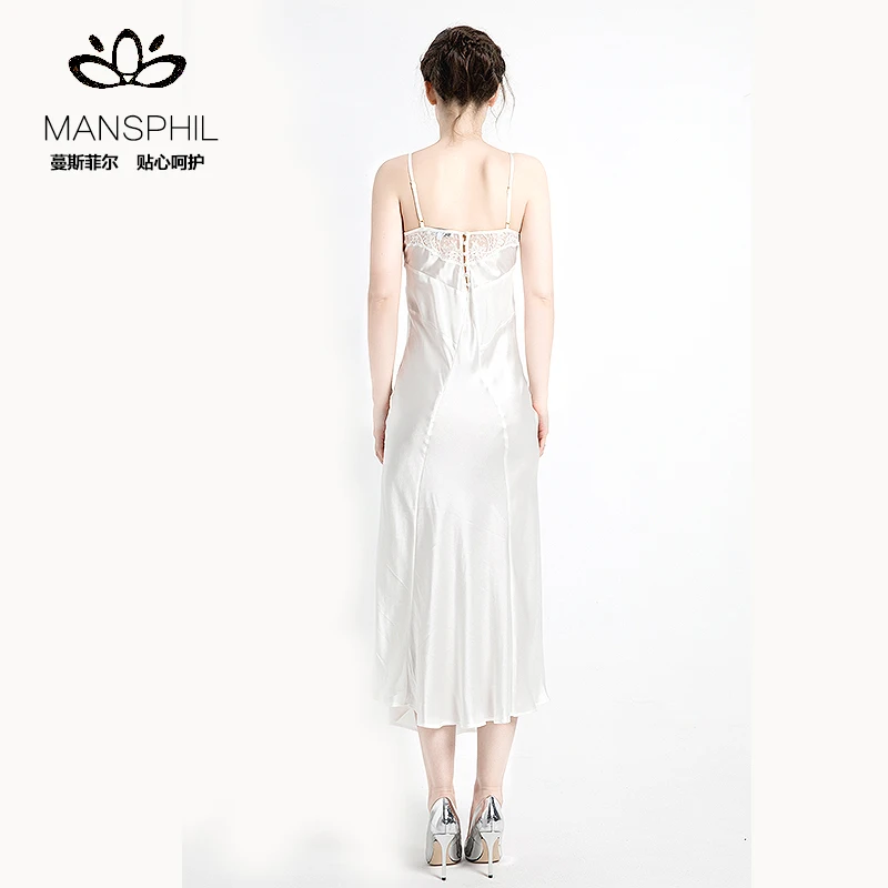Elegant Nightwear Pure Mulberry Silk Satin Trimmed Lace Sleep Dress Nice Evening Dress