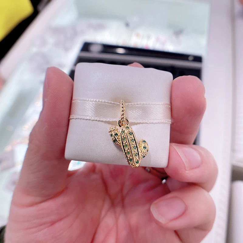 2022 Summer New S925 Sterling Silver Gold Shiny Desert Cactus Pendant Beads Gift for Women Charm Bracelet
