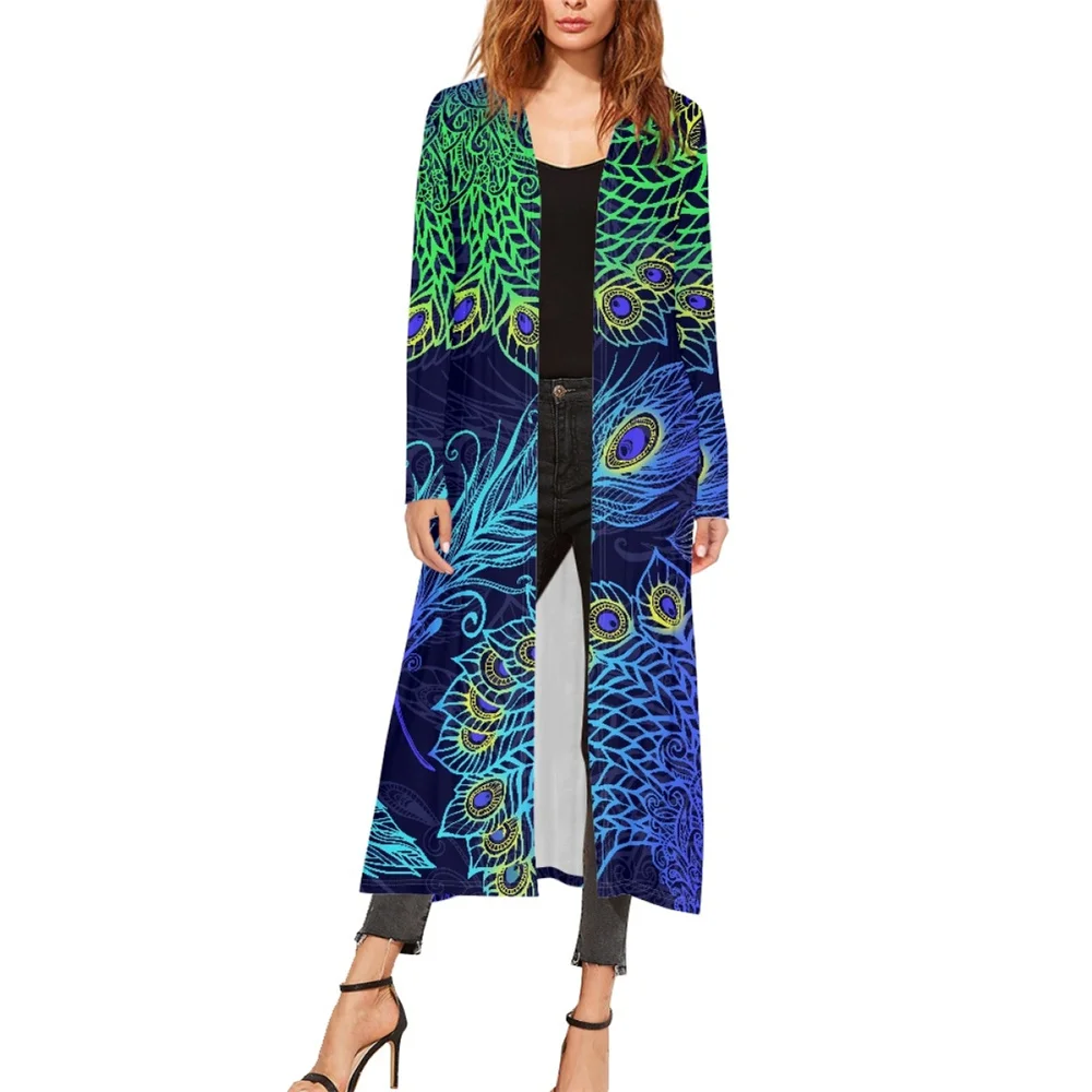Casual peacock feathers print Open Cardigan Custom Women Long Sleeve Holiday Kimono Beach Sublimated High Quality Autumn Kimono
