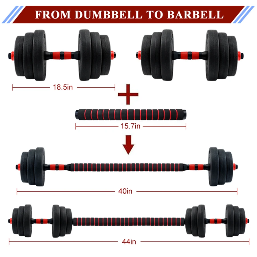 Fitness Workout Equipment for Women and Men Non-slip Handles Home Gym Training 44lbs Adjustable Free Weight Dumbbell Barbell Set
