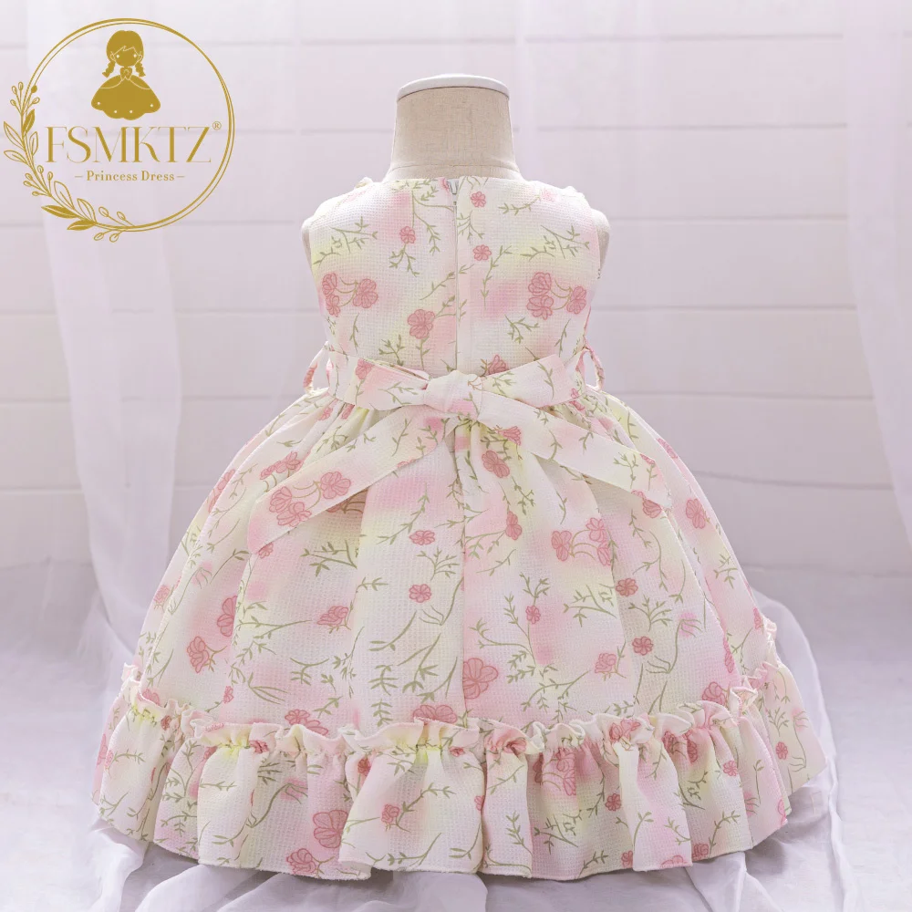 FSMKTZ Lolita Style Flower Printing Baby Girls Party Dress Summer Floral Dress for Kids 2 Year Birthday Frocks for Little Girls