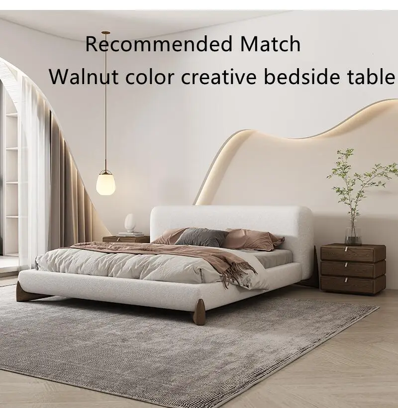Latest Italian 2022 White Fabric Upholstered King Size Bed Set Walnut Solid Wood Furniture Bedroom