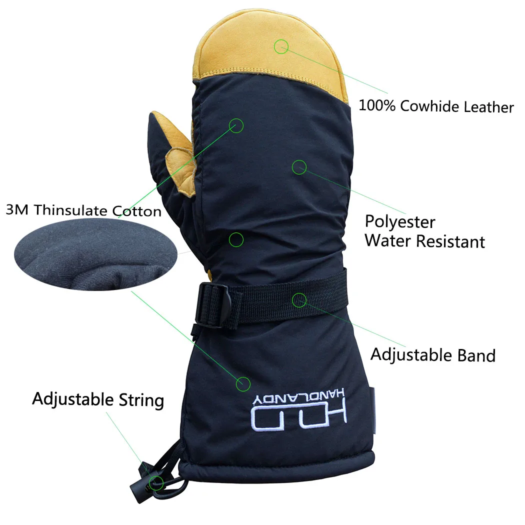  HANDLANDY Mens Women Winter warm Snow Weather Unisex insulate C100 cowhide leather waterproof snowboard water ski
