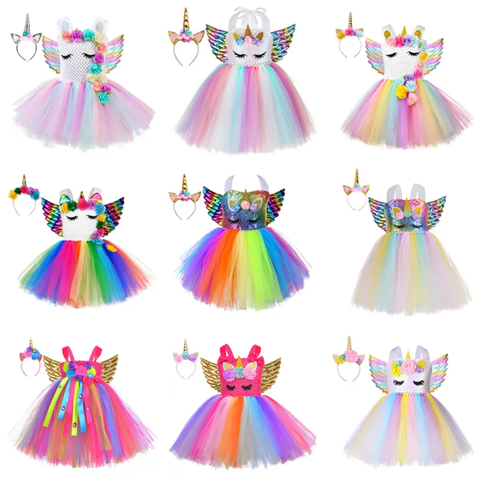 Fashionable Unicorn Mesh 2 To 12 Years Summer Party Tutu Dresses For Baby Girls