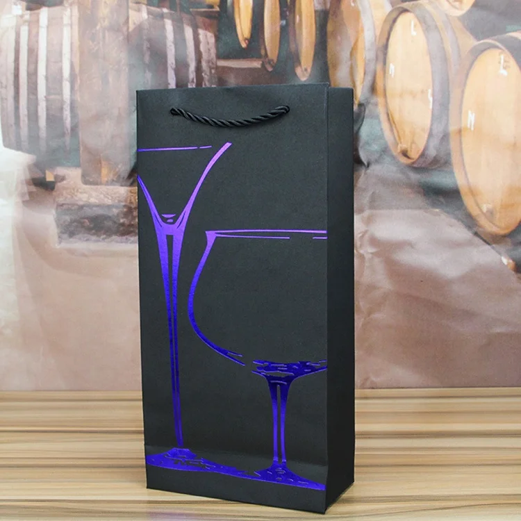 Factory direct sale black wine bags with handles Wholesale two bottle pack red wine paper bag
