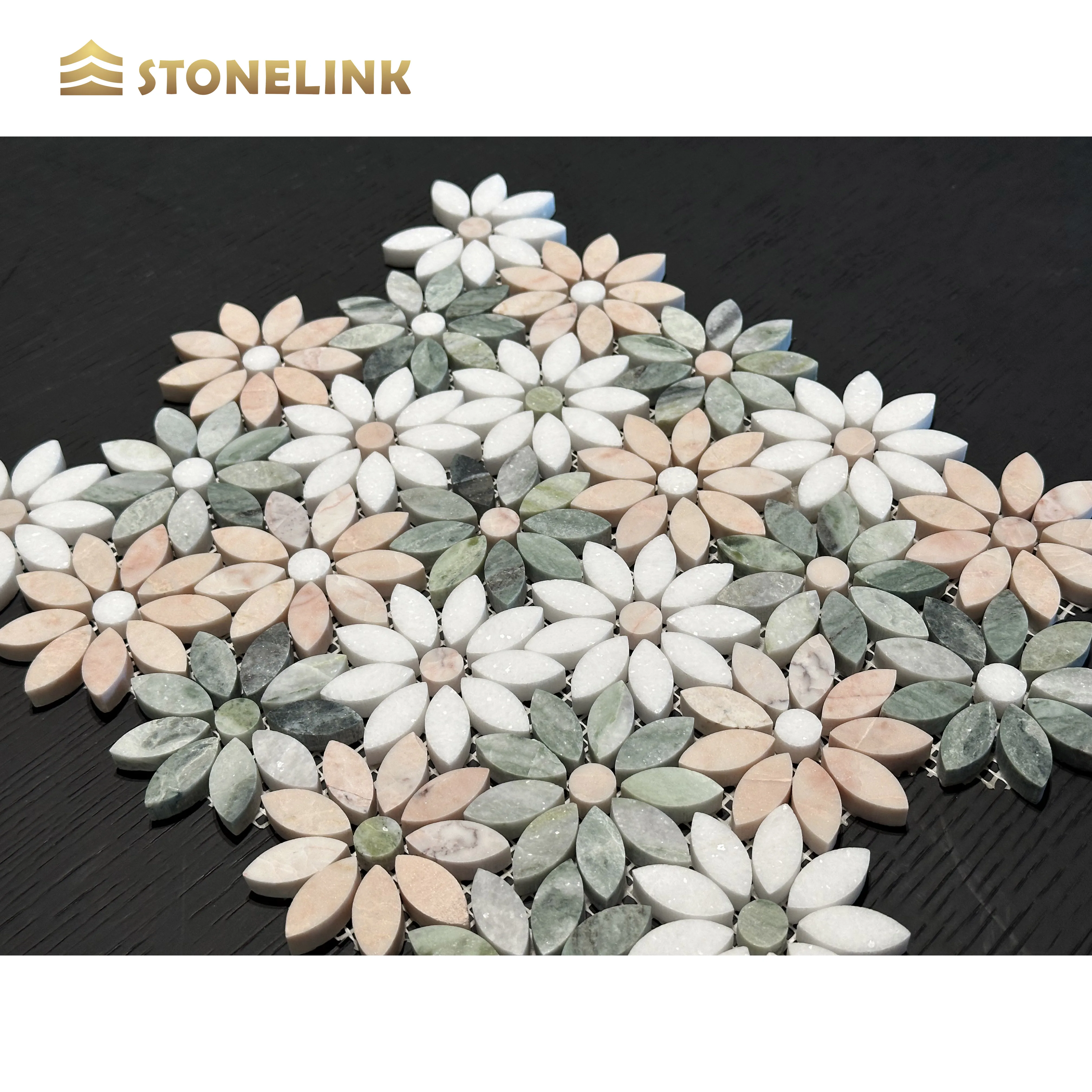 2023 New Trend Products Beautiful Flower Shape Pink Green White Waterjet Mix Marble Mosaic Tiles