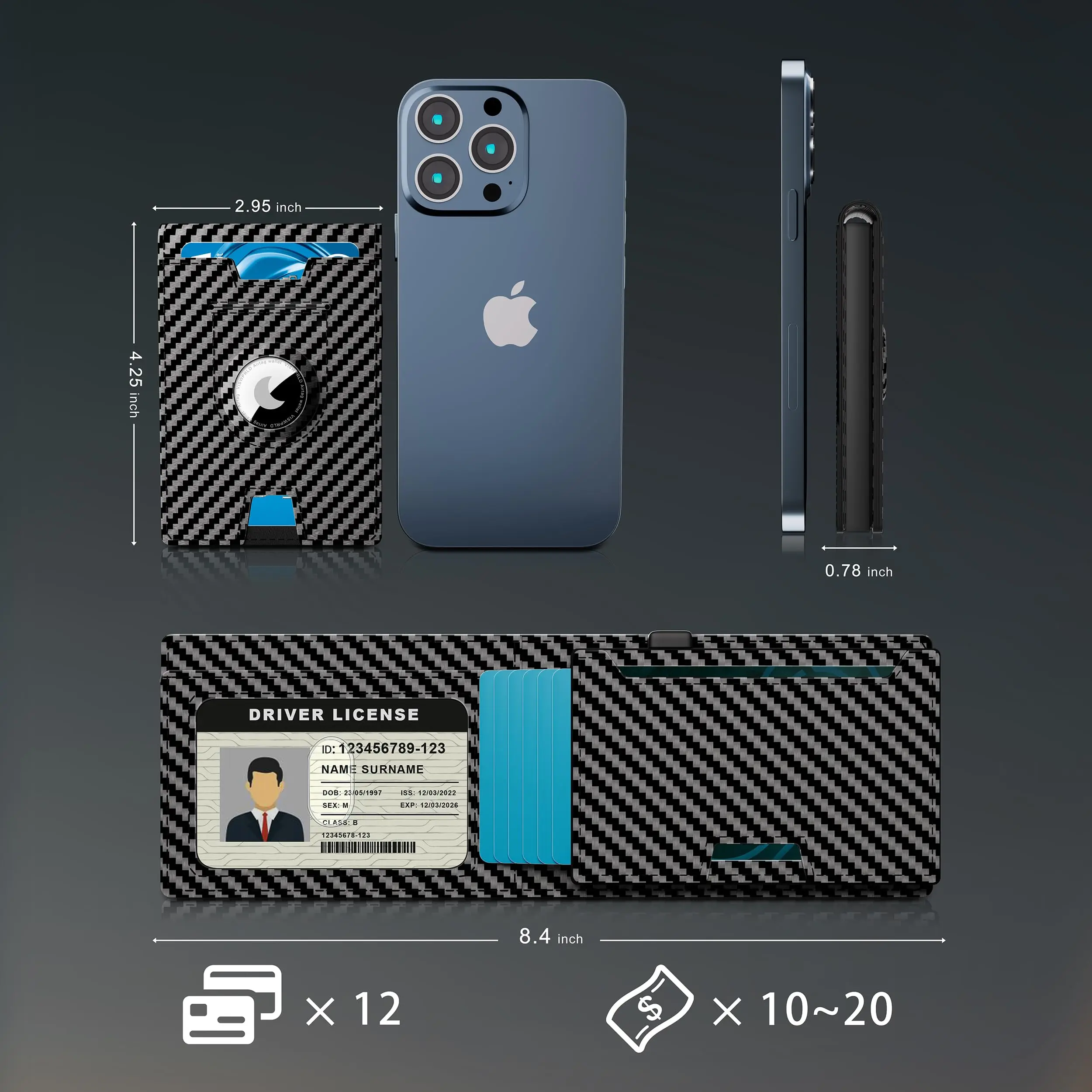 Carbon Fiber Leather Magnetic Close Wallet With Air Tag Holder RFID Blocking Business Pop Up Credit Card Holder Wallet