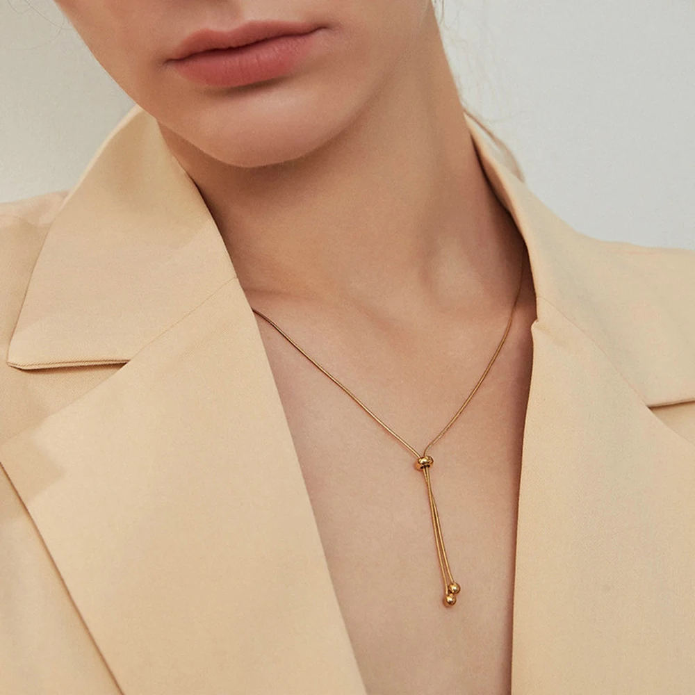 INS Style  IP 14k Gold Plated Stainless Steel Pull Chain Long Tassel Pendant Necklace For Women Trendy Jewelry
