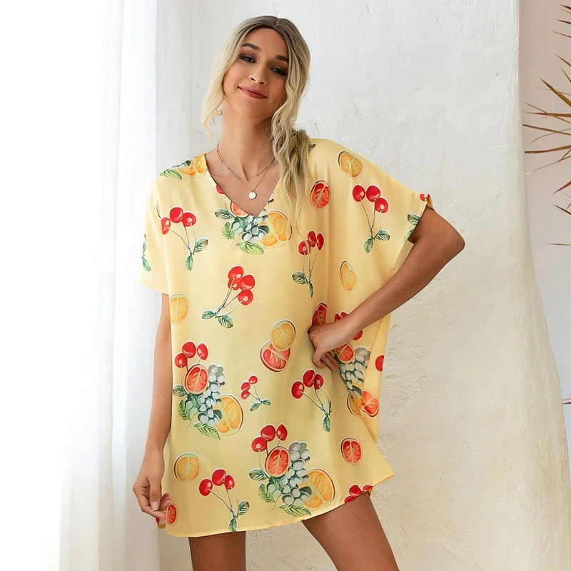 
2021 summer leisure bat sleeve sunscreen printing breathable girl Chiffon Beachwear Bikini cover up dress 