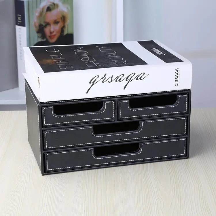 PU Leather Wooden Desk Organizer File Cabinet Office Supplies Desktop Storage Organizer Box with Drawer