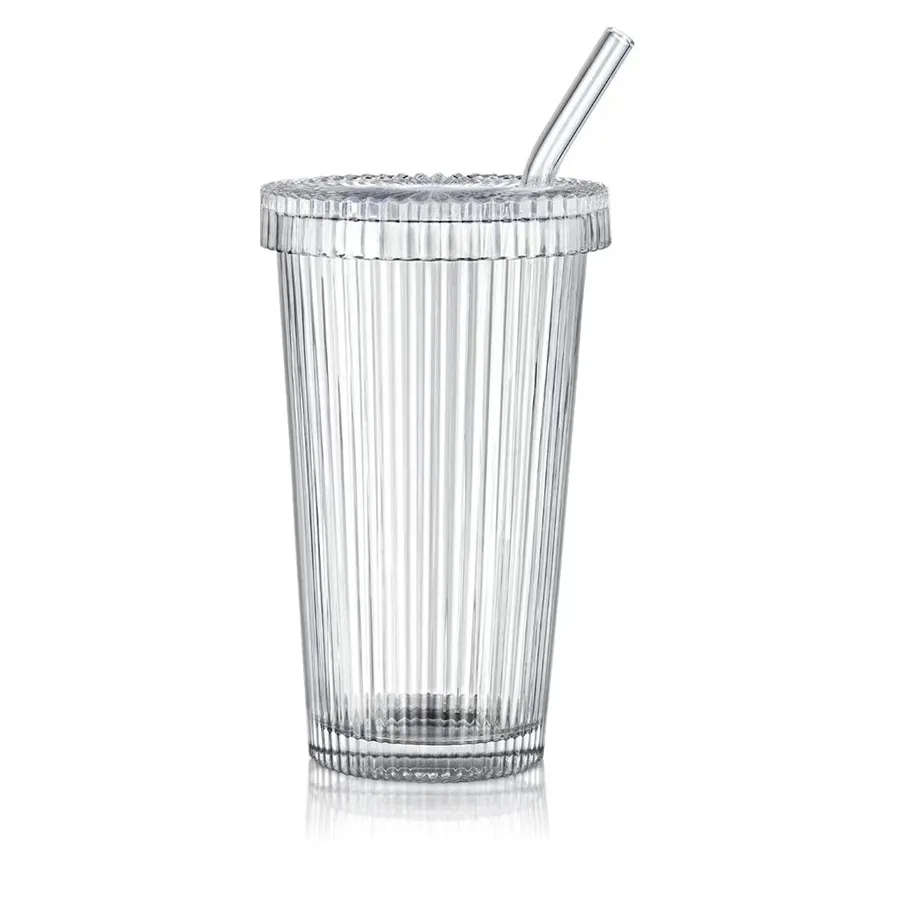 Ribbed Vertical Stripes 375ml  Glass Coffee Mug Drink Cup with Handle and lid For Coffee Ice Drinking Glasses