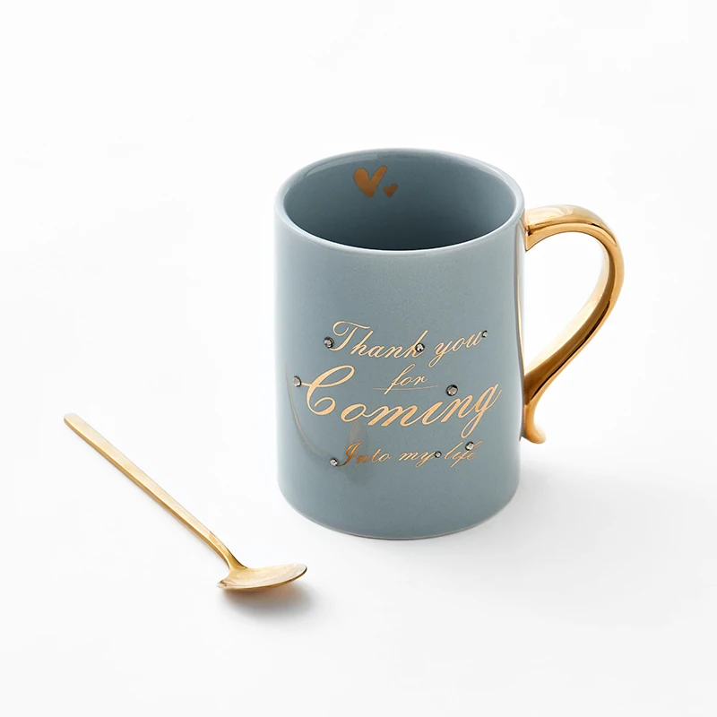 Luxury Coffee Couple Ceramic Mug Gold-plated Cup Nordic Style Matt Ceramic Mugs Blue Ceramic Mug With Spoon