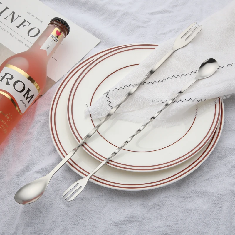 Long Handle Stainless Steel Bar Cocktail Stirring Twisted Spoon Fork drink mixing spoon with fork