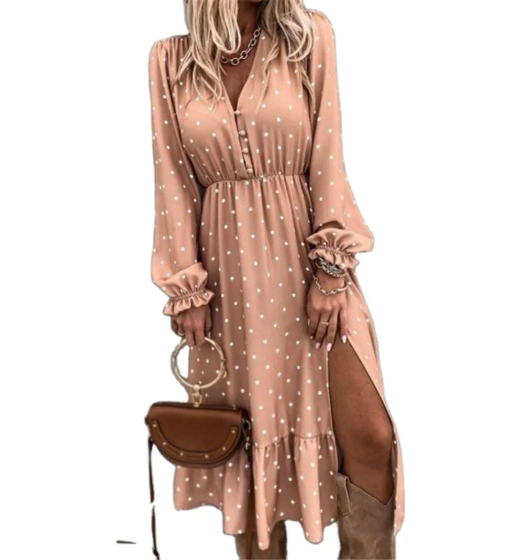 Женское Повседневное платье в горошек, платье с V-образным вырезом, длинным рукавом и высокой талией, 2021