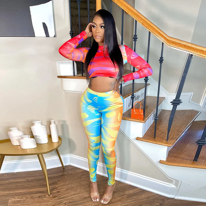Fall 2021 women clothes new style tie-dye printed t-shirt high waist sports fall sets casual 2 piece