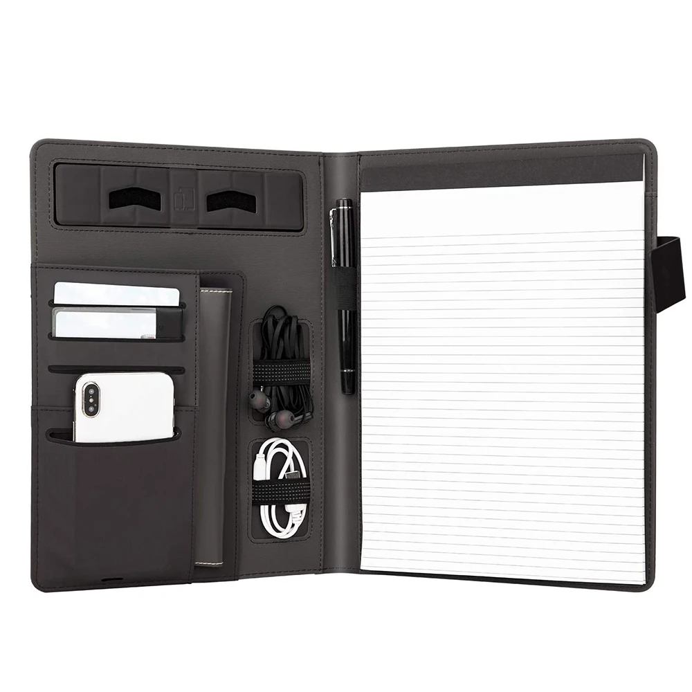 New PU Leather documents Refillable Pad Portfolio Organizer A4 Professional Padfolio With Phone Stand