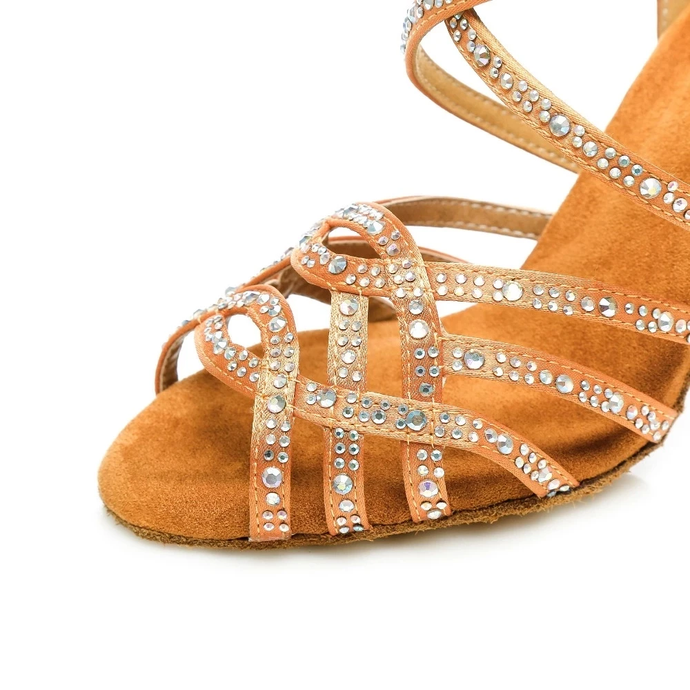 Brown Rhinestone Dance Shoes Women Salsa Ballroom  High Heel Latin dance shoes