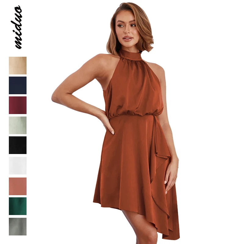 2023 New Arrival Elegant Pretty Asymmetrical Hem Satin Mini Clothing Silk Dress Women