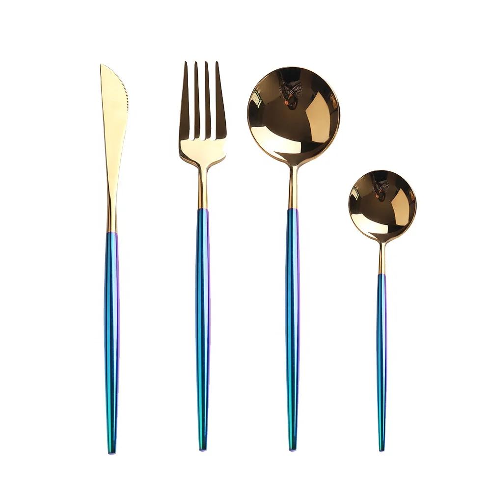 
Royal 4 Piece Matte Blue Handle 18/10 Stainless Steel Gold Tableware Sets Forks Spoons Knives Silverware Utensils Set 