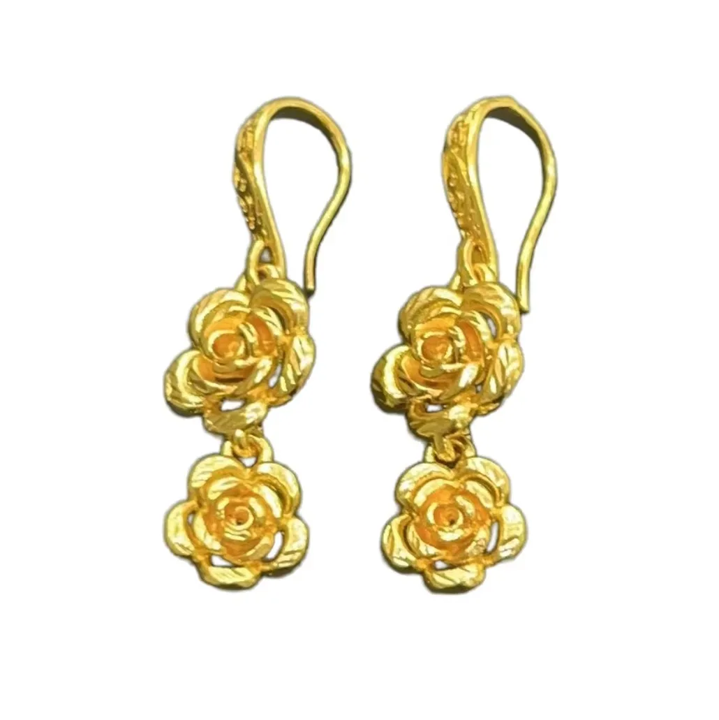 High Quality Retro Indian Jewelry Embossed Charm Double Flower Dainty Hoop Hooks Drop Earrings Cheap Accessories For Women