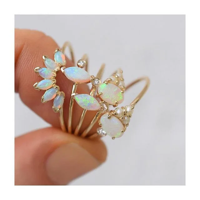 Unique sterling silver gold plated diamond marquise white opal women fine jewelry rings
