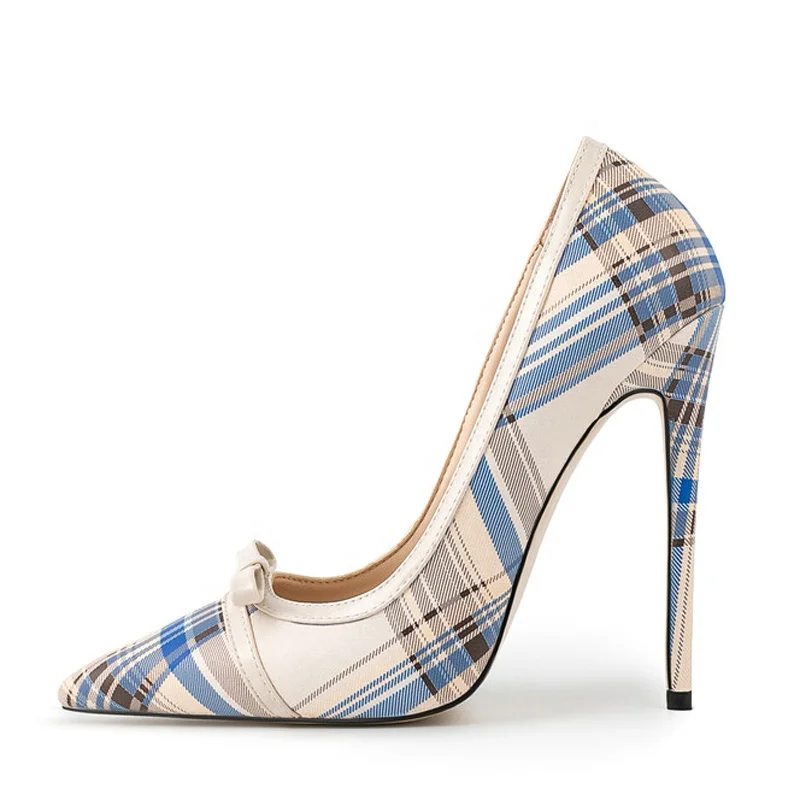 Big Size 47 Wide Fit Women Blue Plaid Stiletto Bow High Slim Heels Ladies Pointed toe Pumps Dress Shoes
