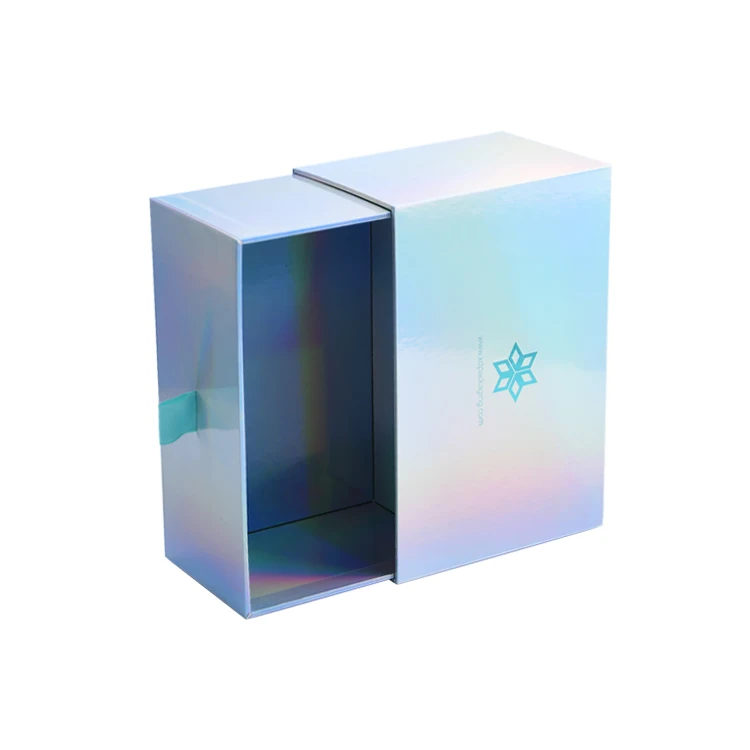 Custom Logo Fashion Luxury Silver Holographic Laser Paper Beauty Cosmetics Packaging Gift Box Rigid Cardboard Sliding Drawer Box