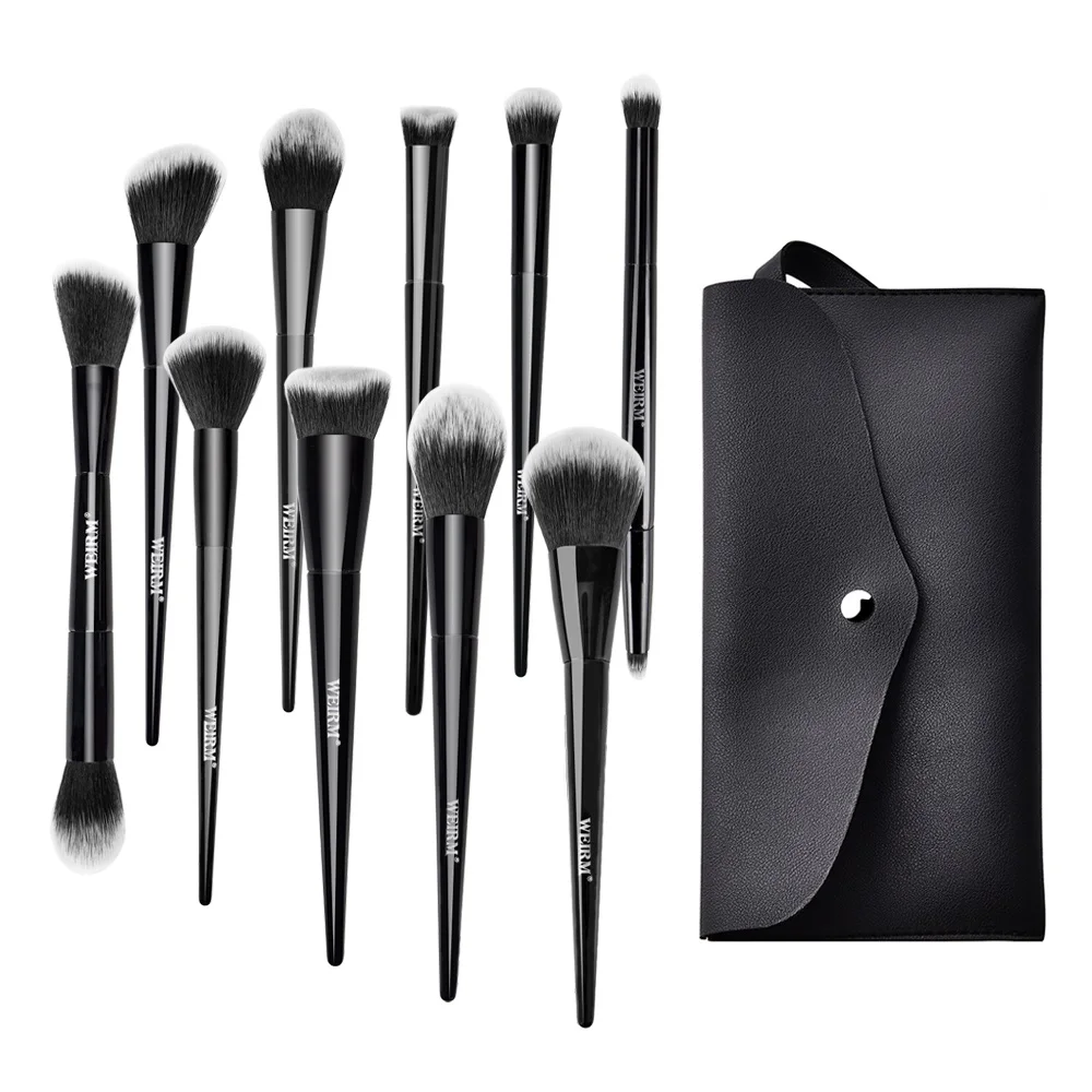 WEIRM 10 pieces custom logo vegan synthetic hair black makeup brush set private label makeup brushes with Sponge brush cleaner