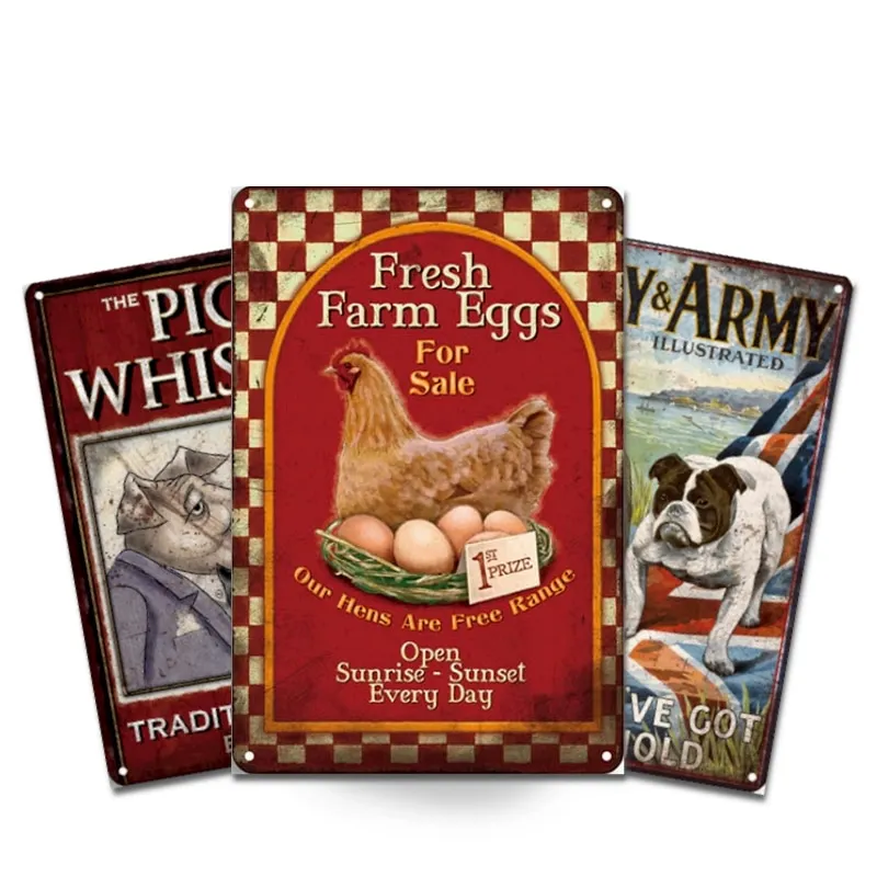 Vintage metal signs of farm chickens, 20*30cm, retro wall posters for home farm hens pigs dogs cats swan wall decoration