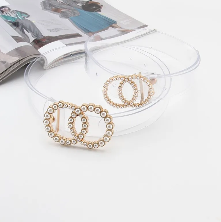 Pearl Rhinestone Pin Buckle Waist Belt Resin Plastic PVC Clear Transparent Belts for Women