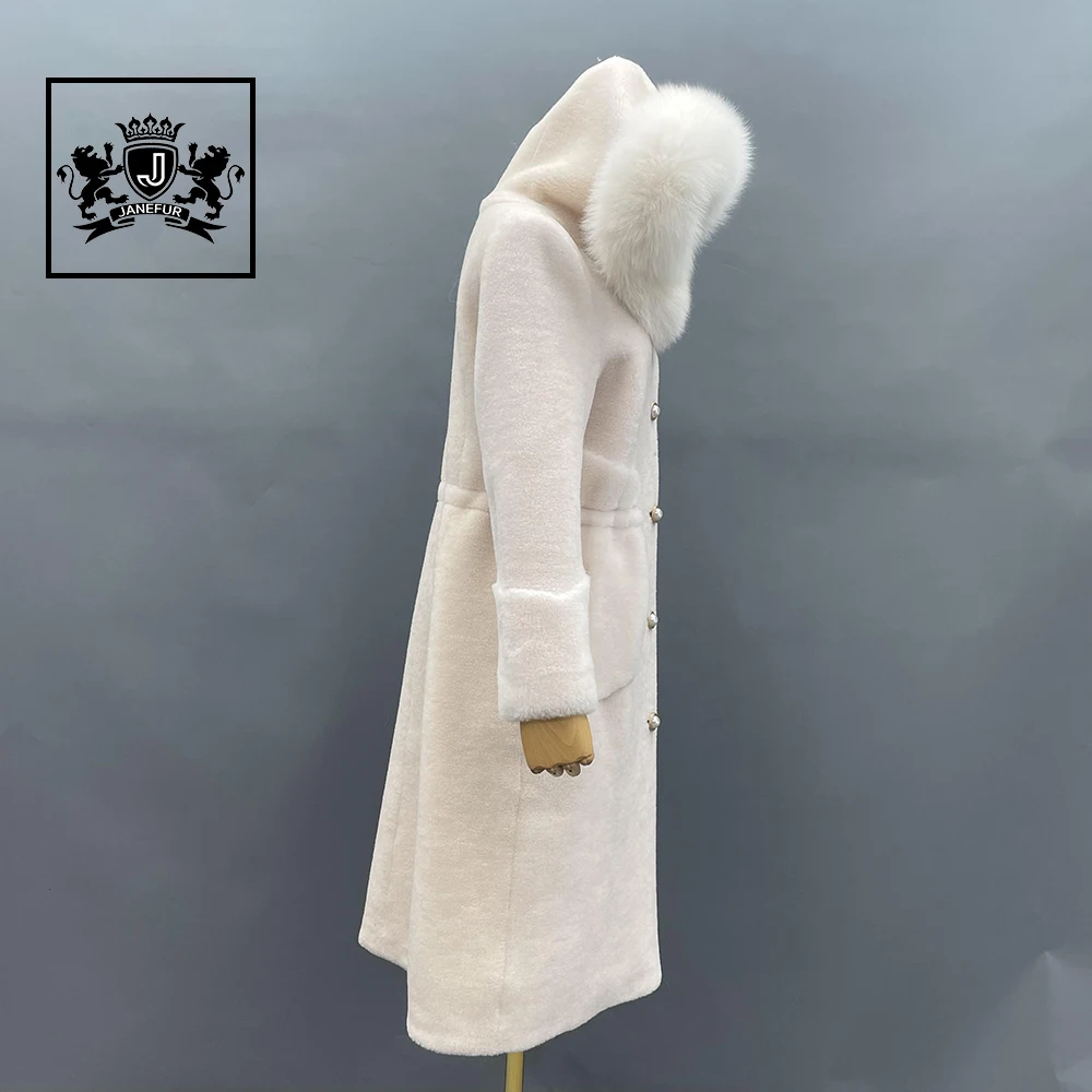 White Pearl Button Lamb Fur Coat Girls Winter Hooded Long Shearing Coat