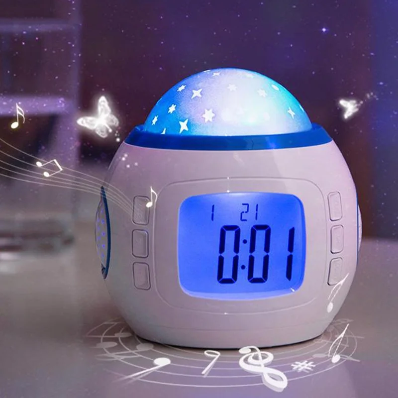 KH-CL025 Bedroom Night Light Sky Star Projector Music Alarm Clock for Kids